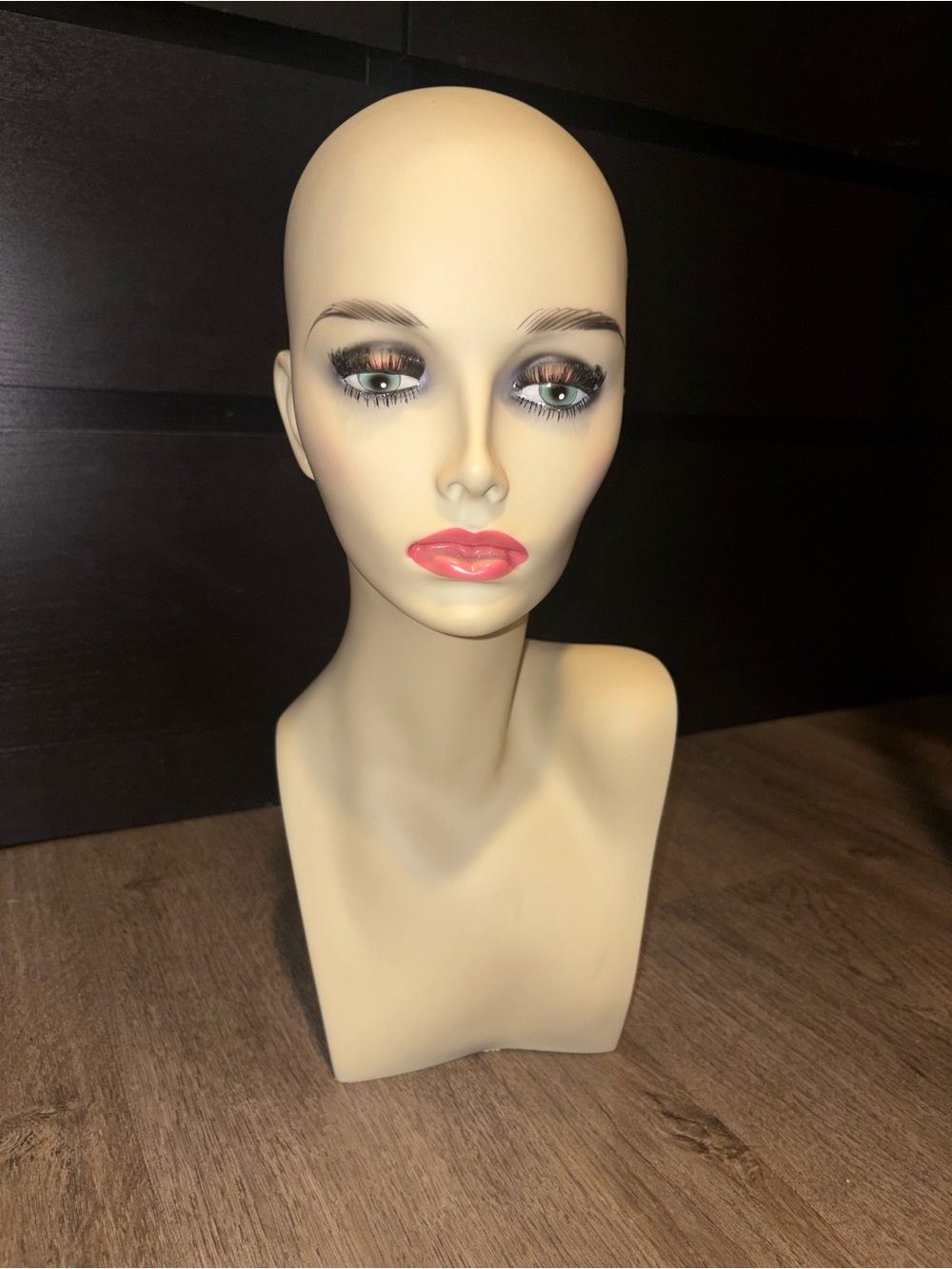 Blank Female Mannequin Head Display in Cream with Pink Lip Makeup